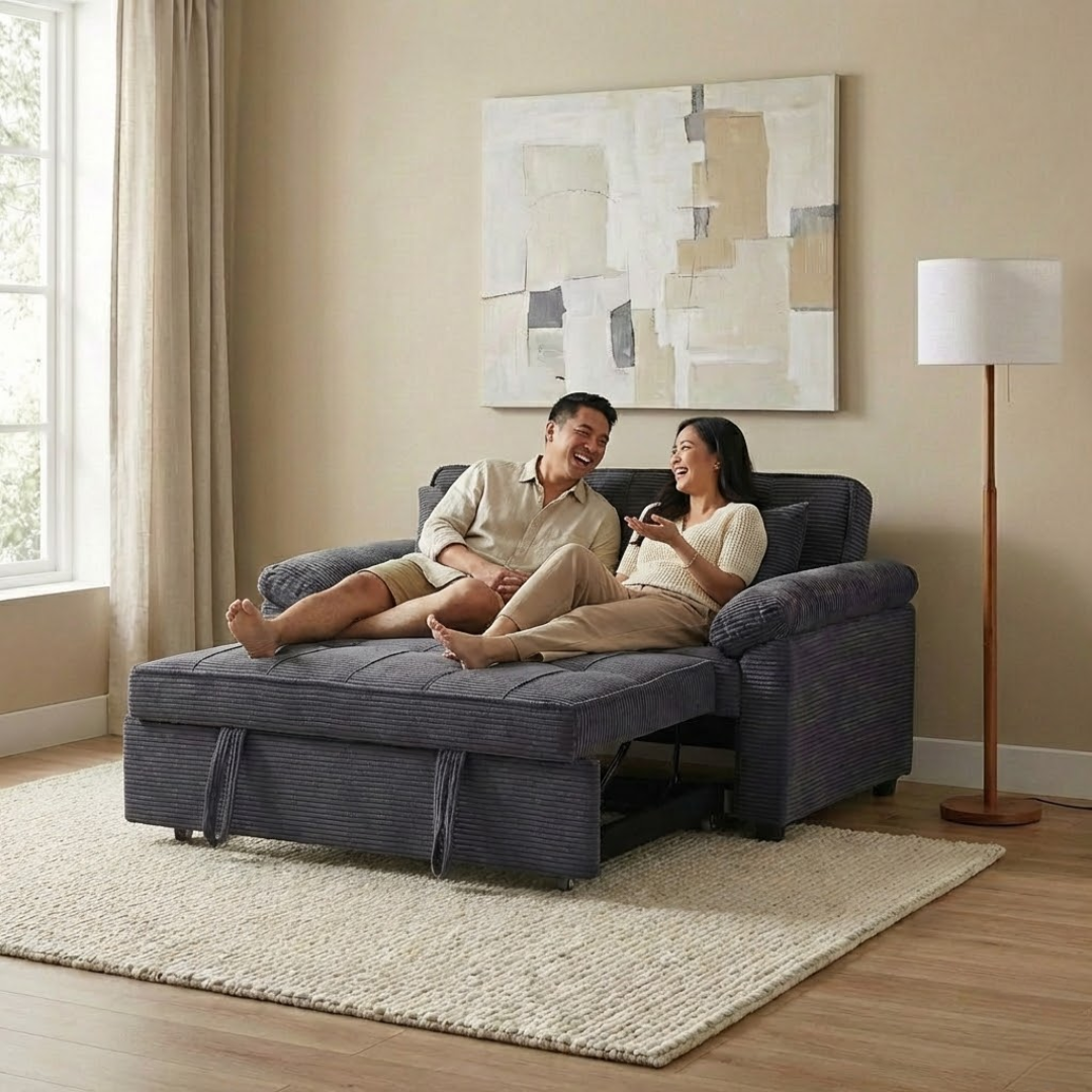 Jhelly Sofa Bed | Fabric Convertible Sofa Bed with Solid Rubber Wood Frame – Gray