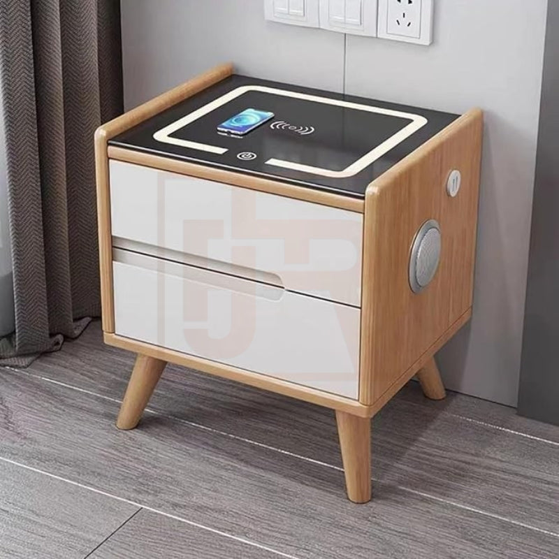 TRICIA Smart Side Table | 2-Drawer Charging Table with Bluetooth Speaker & LED Light