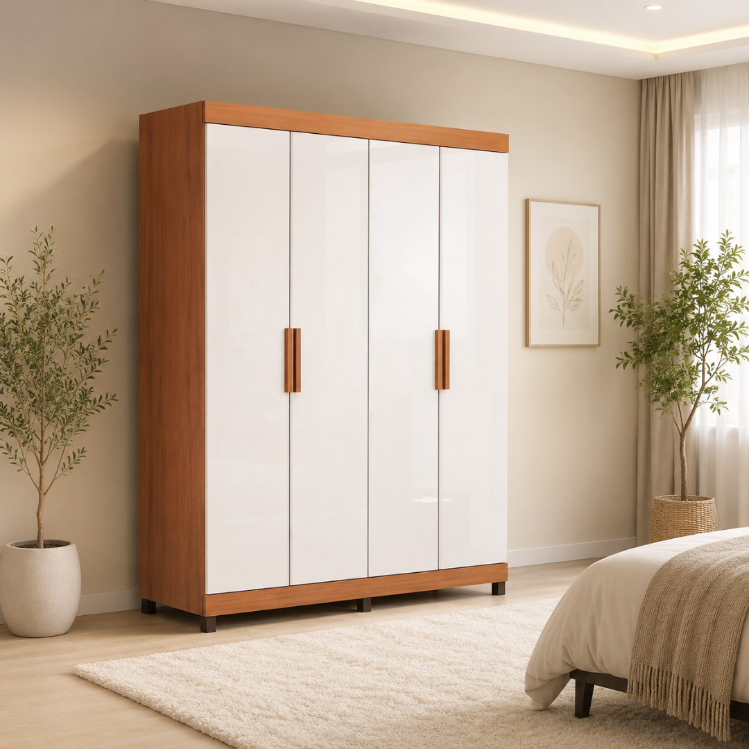 Hope Wardrobe | Modern 4-Door Storage Cabinet in Freijo & Off White