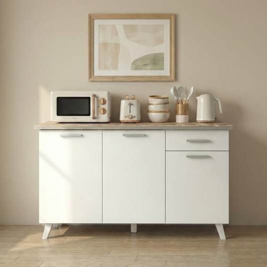 ESME Kitchen Cabinet | Engineered Wood Storage with Metal Legs – Lt. Sonoma Oak & White