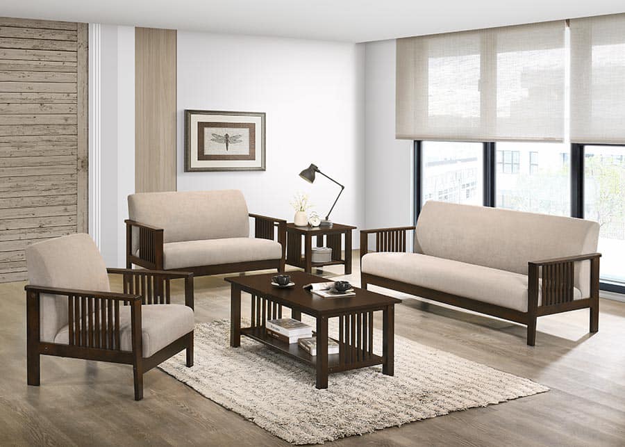 Rachel Sofa Set | Wooden Frame Living Room Set with Beige Cushions (1-2-3 Seater + Tables)