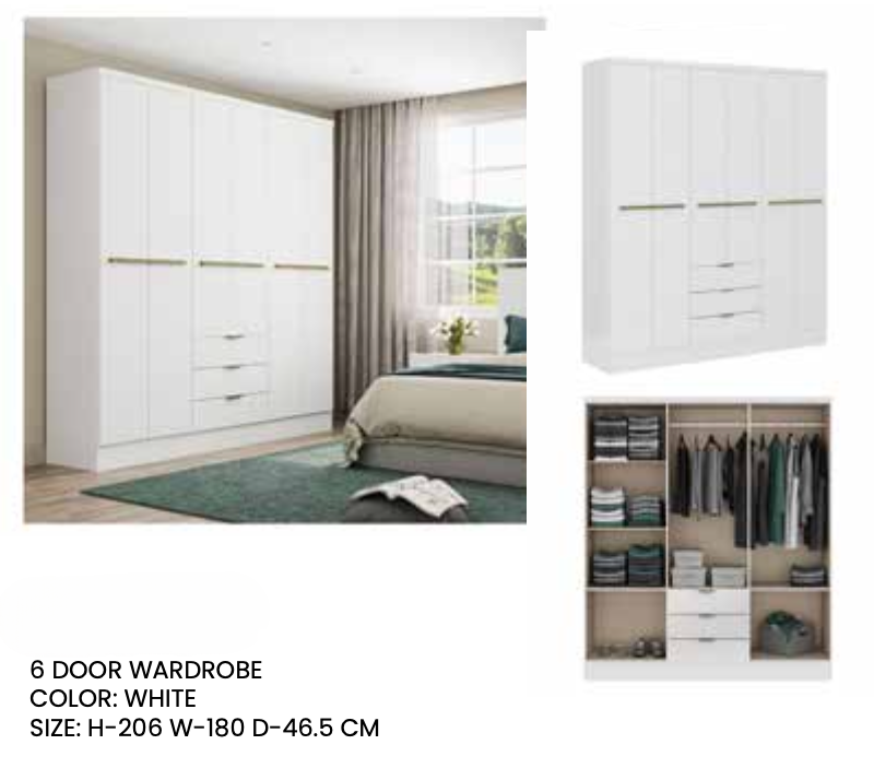 ANASTASIA 6-Door Wardrobe | Modern White Closet with Drawers and Hanging Space