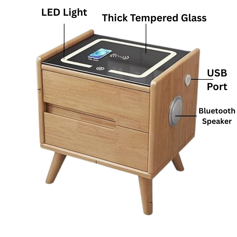 TRICIA Smart Side Table | 2-Drawer Charging Table with Bluetooth Speaker & LED Light