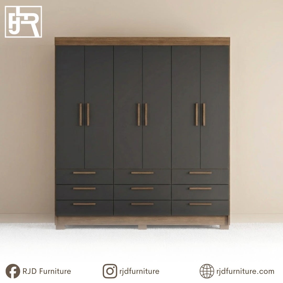 Dylan Wardrobe | Modern 6-Door Storage Cabinet in Jatoba & Graphite
