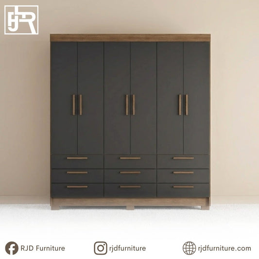 Dylan Wardrobe | Modern 6-Door Storage Cabinet in Jatoba & Graphite