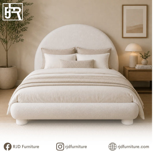 Halo Queen Bed | Modern Bouclé Upholstered Bed with Minimalist Rounded Design