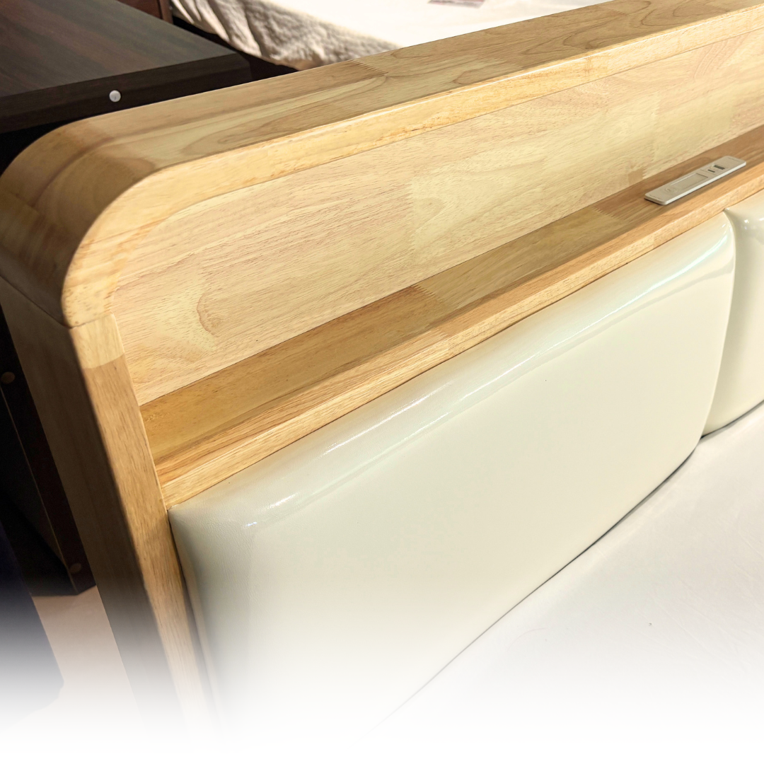 RAIN Scandinavian Bed | Solid Wood Frame with Headboard Shelf, Cushioned Backrest, Built-In Night Light & USB/Type-C Outlet