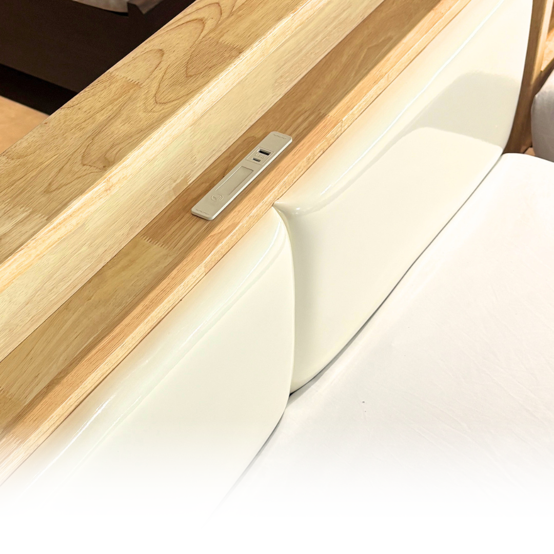 RAIN Scandinavian Bed | Solid Wood Frame with Headboard Shelf, Cushioned Backrest, Built-In Night Light & USB/Type-C Outlet