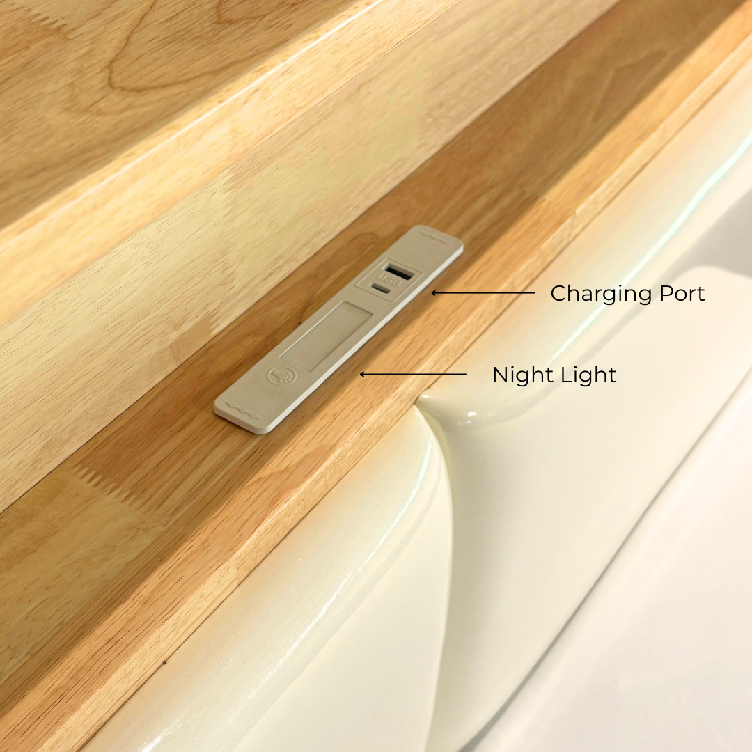 RAIN Scandinavian Bed | Solid Wood Frame with Headboard Shelf, Cushioned Backrest, Built-In Night Light & USB/Type-C Outlet