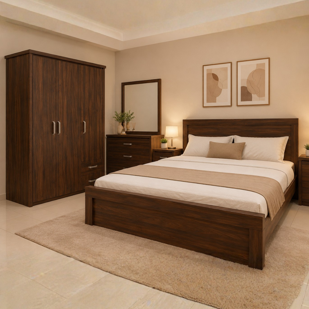Reese Bedroom Set | Complete Bedroom Package with Queen Bed, Vanity, Wardrobe & 2 Side Tables