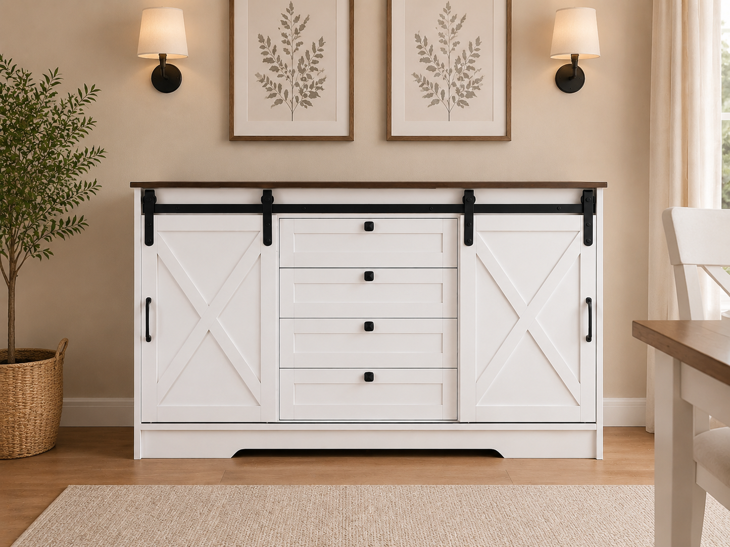 HARPER Buffet Cabinet | Farmhouse Storage Cabinet with Sliding Barn Doors and Walnut Top