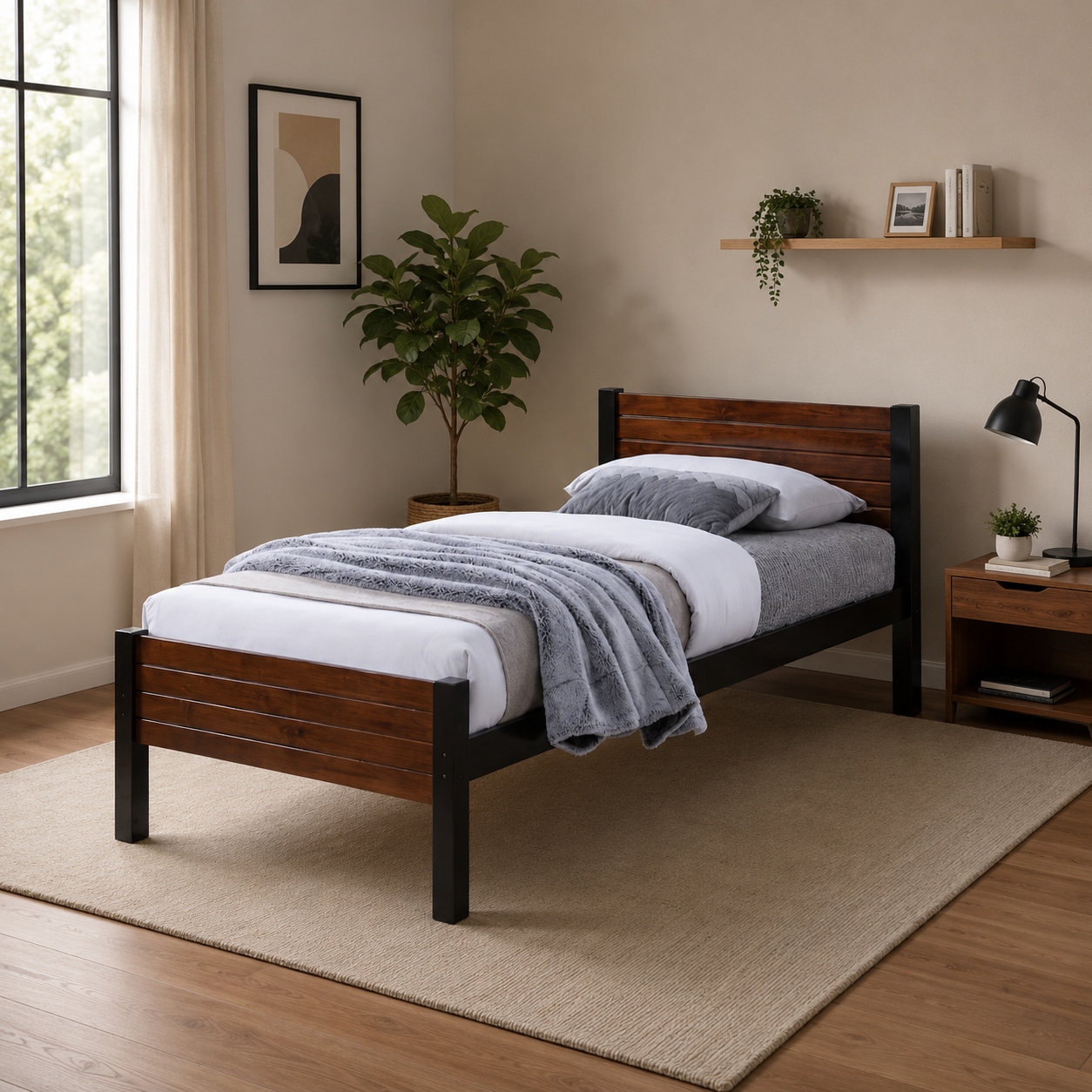 Yohan Modern Bed Frame | Solid Rubberwood in Warm Walnut Finish, Multiple Sizes