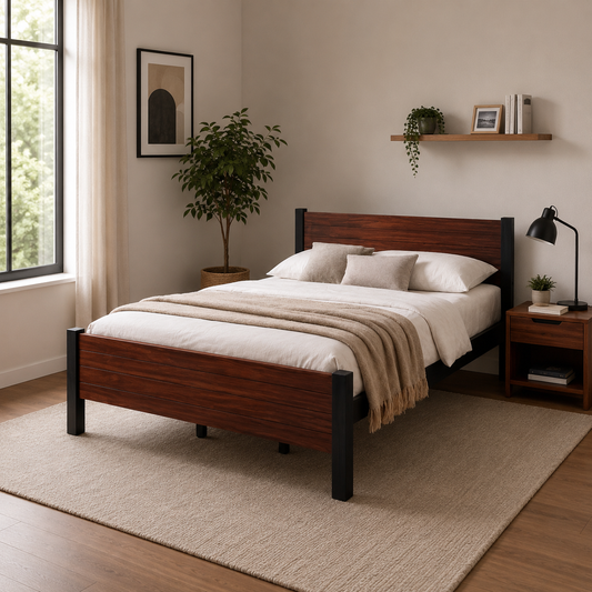 Yohan Modern Bed Frame | Solid Rubberwood in Warm Walnut Finish, Multiple Sizes