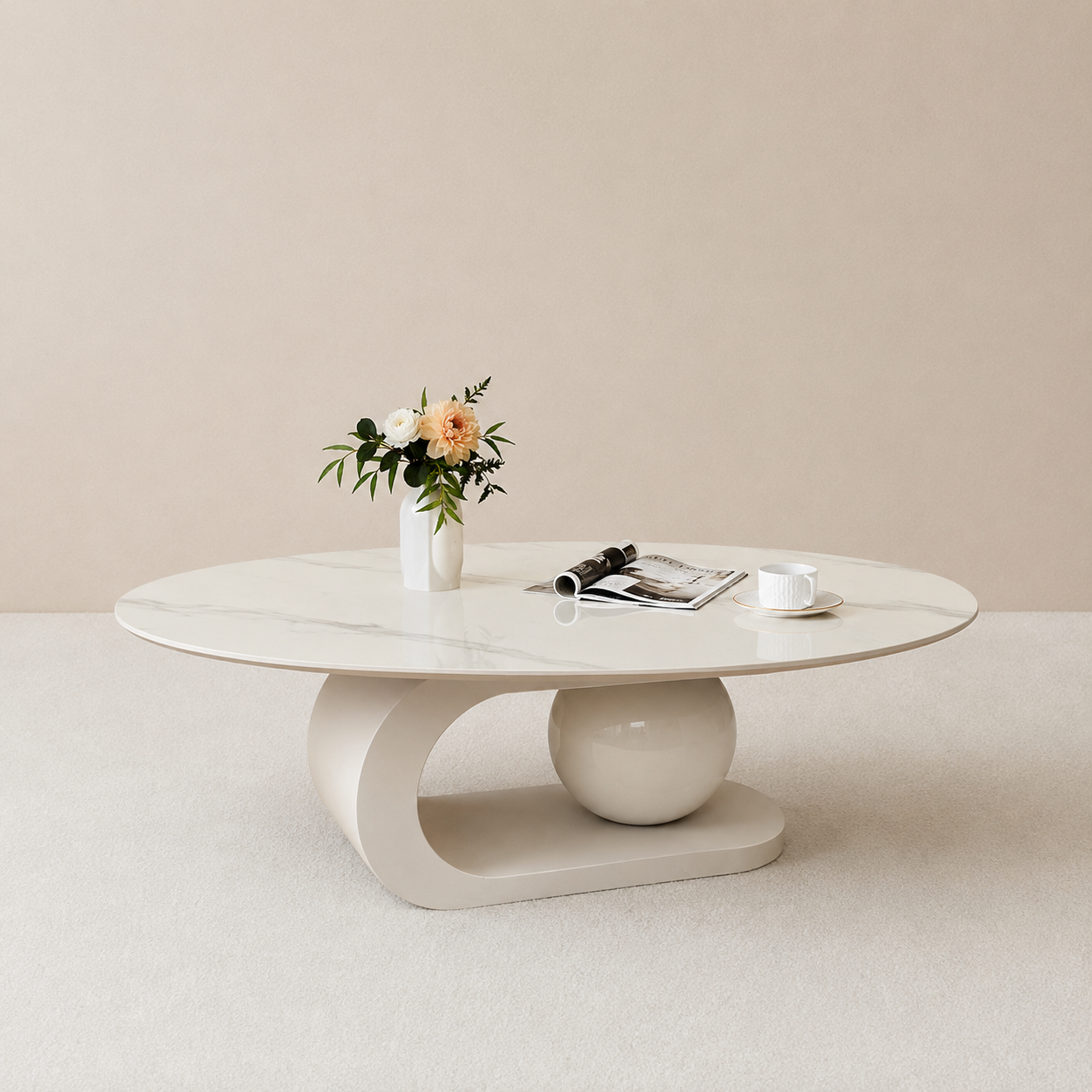 JULIE Center Table – WHITE | Oval Sintered Stone Top with Artistic Base