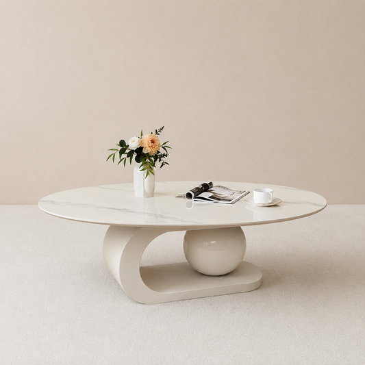 JULIE Center Table – WHITE | Oval Sintered Stone Top with Artistic Base