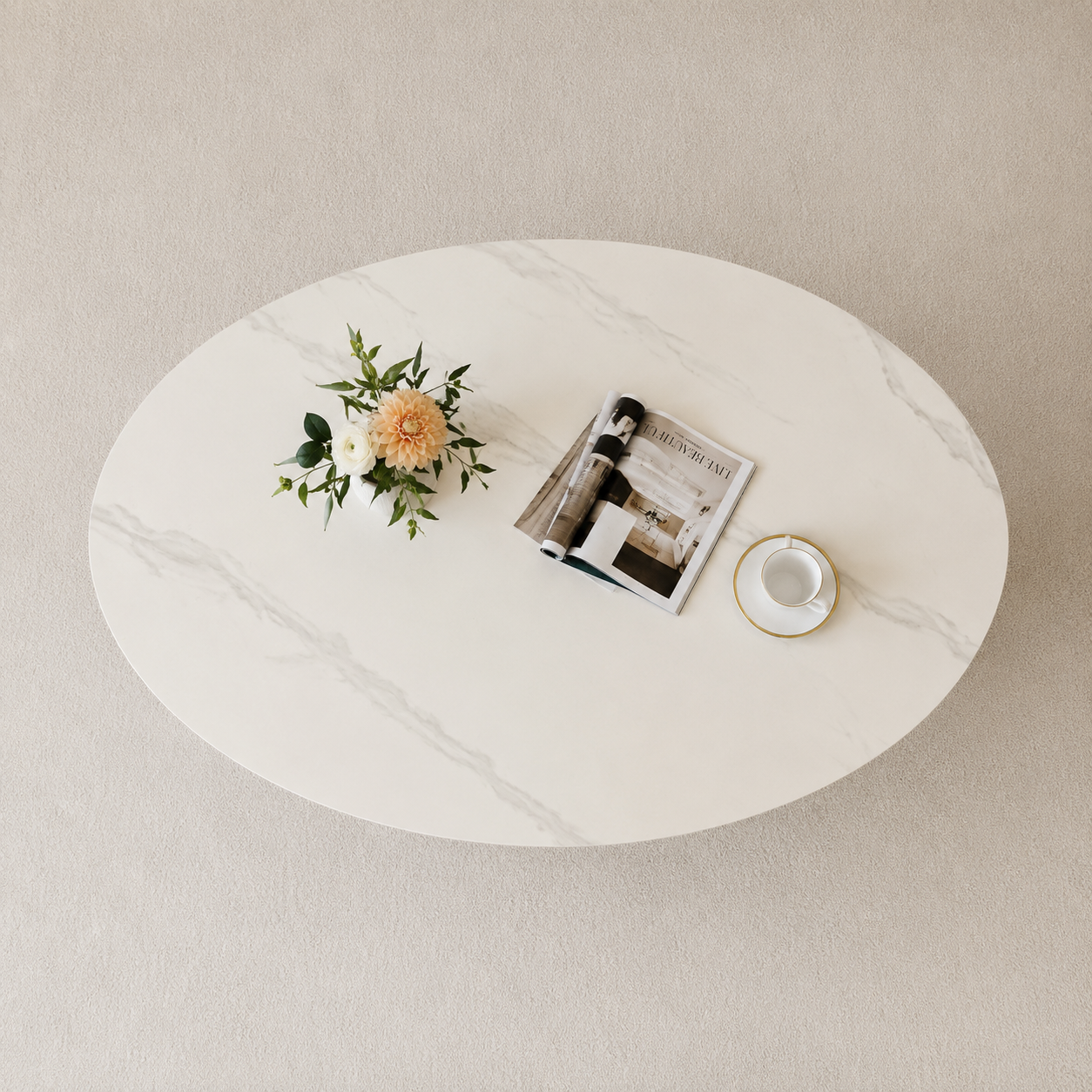 JULIE Center Table – WHITE | Oval Sintered Stone Top with Artistic Base