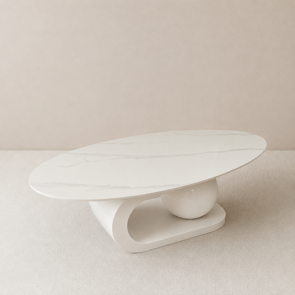 JULIE Center Table – WHITE | Oval Sintered Stone Top with Artistic Base