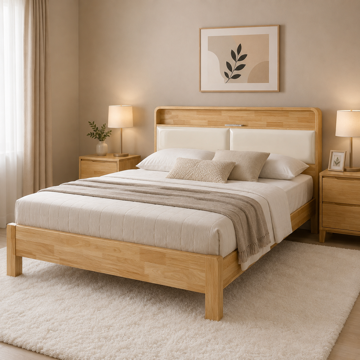 RAIN Scandinavian Bed | Solid Wood Frame with Headboard Shelf, Cushioned Backrest, Built-In Night Light & USB/Type-C Outlet