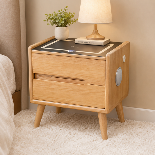 TRICIA Smart Side Table | 2-Drawer Charging Table with Bluetooth Speaker & LED Light