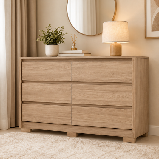 RAVENA Chest of Drawers | 6-Drawer Dresser in Natural Wood Finish