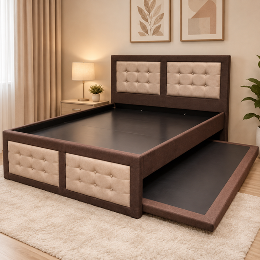 Merry Bed | Two-Tone Upholstered Bed Frame with Pullout – 60” x 75” + 36” x 75”