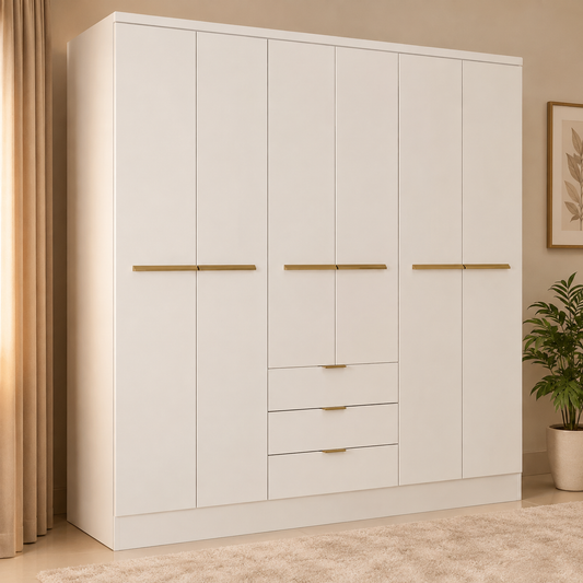 ANASTASIA 6-Door Wardrobe | Modern White Closet with Drawers and Hanging Space