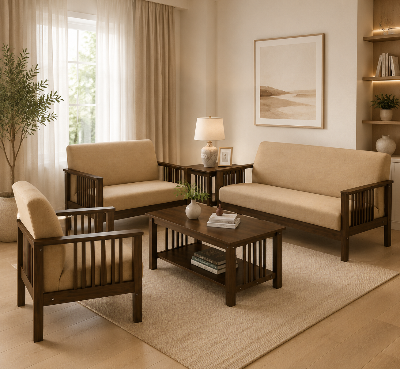 Elsa Sala Set | Solid Mahogany Living Room Set with Premium Fabric Upholstery