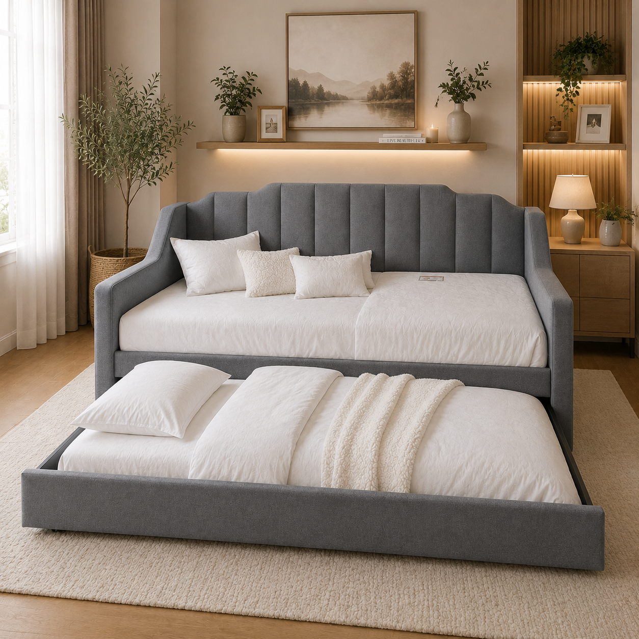 EREN Trundle Bed | Space-Saving Wooden Bed with Hidden Pull-Out Trundle