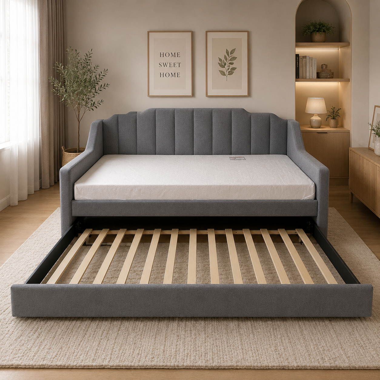EREN Trundle Bed | Space-Saving Wooden Bed with Hidden Pull-Out Trundle