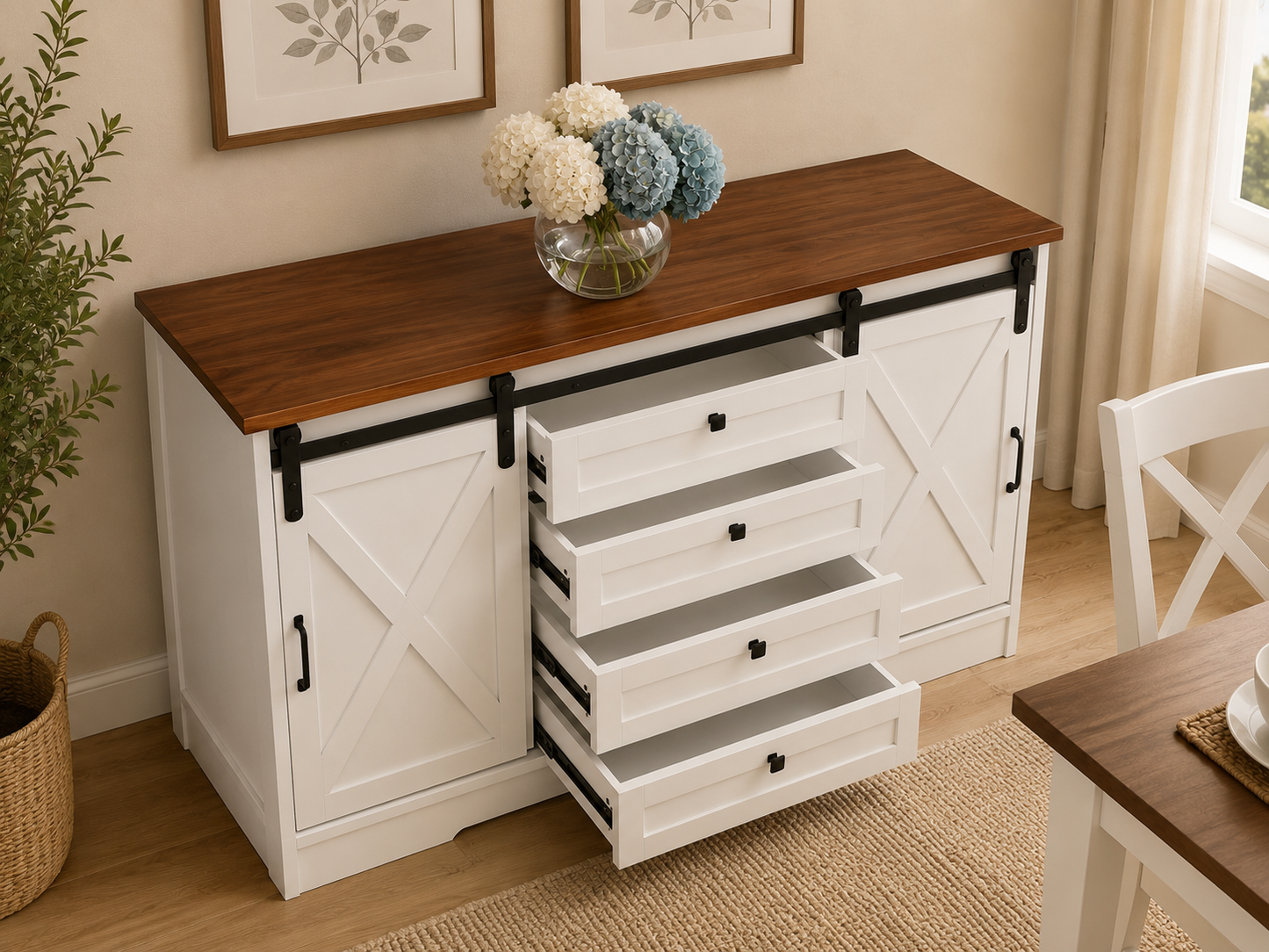 HARPER Buffet Cabinet | Farmhouse Storage Cabinet with Sliding Barn Doors and Walnut Top