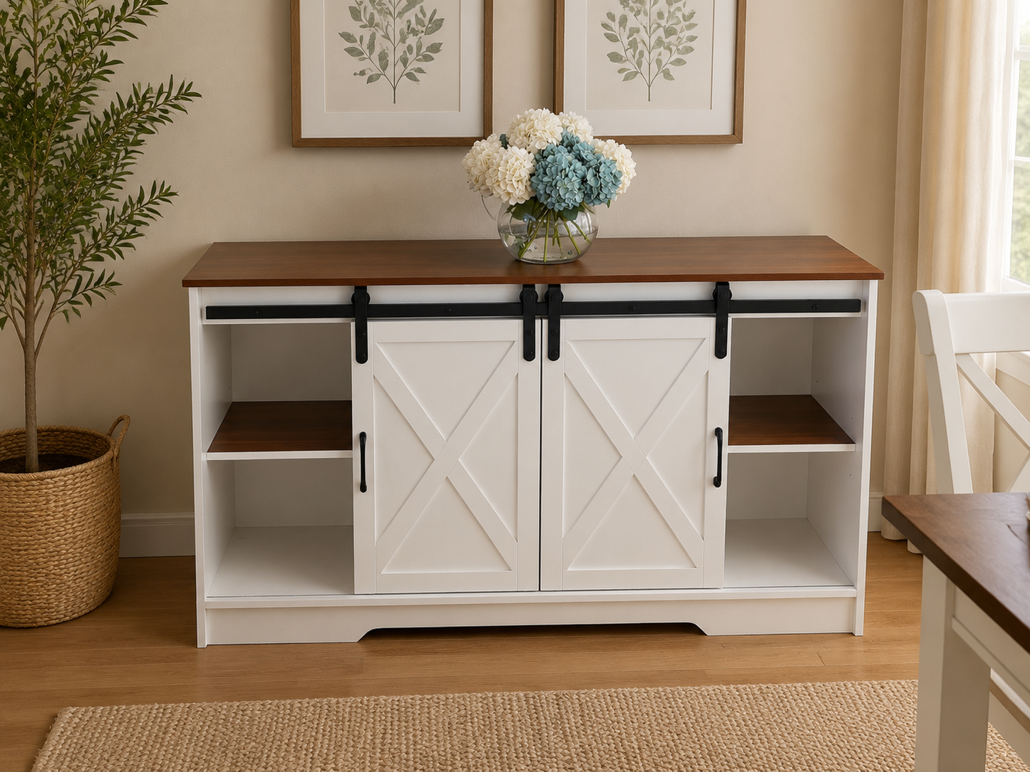 HARPER Buffet Cabinet | Farmhouse Storage Cabinet with Sliding Barn Doors and Walnut Top