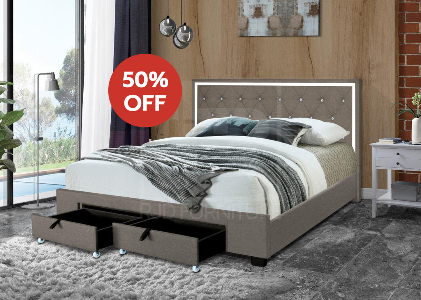 Claire Bed | Upholstered Bed with Diamond Tufted Headboard & Storage Drawers – Twin, Double, Queen