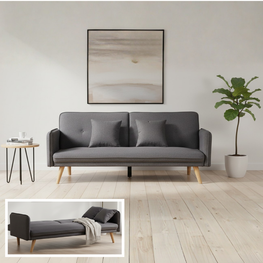 JHACKIE Sofa Bed | Water-Repellent Fabric Convertible Sofa with Solid Rubber Wood Frame – Gray