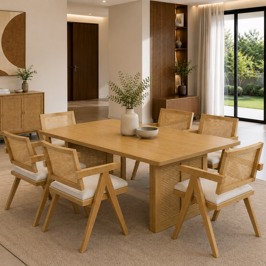 Lucio 6-Seater Solihiya Dining Set | Modern Solihiya Dining Table with Woven Chairs