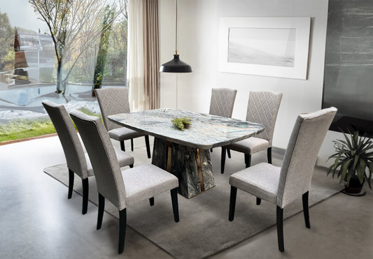 Misha Dining Set | Elegant Marble-Top Table with Classic Wooden Chairs – 6-Seater
