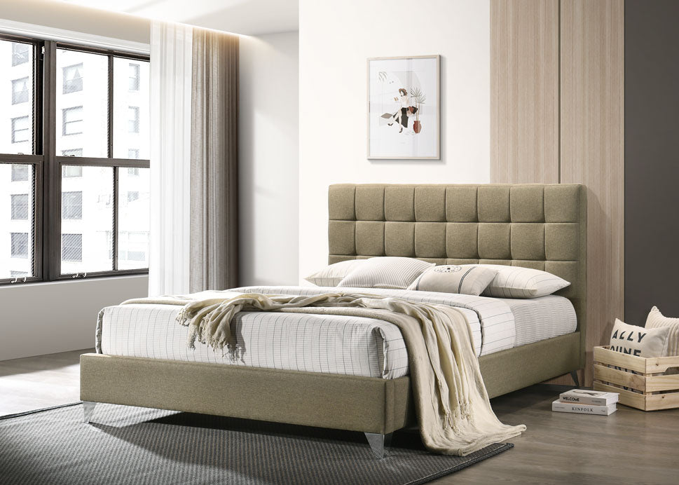 NATALIE Queen Bed | Upholstered Fabric Bed Frame with Grid-Tufted Headboard