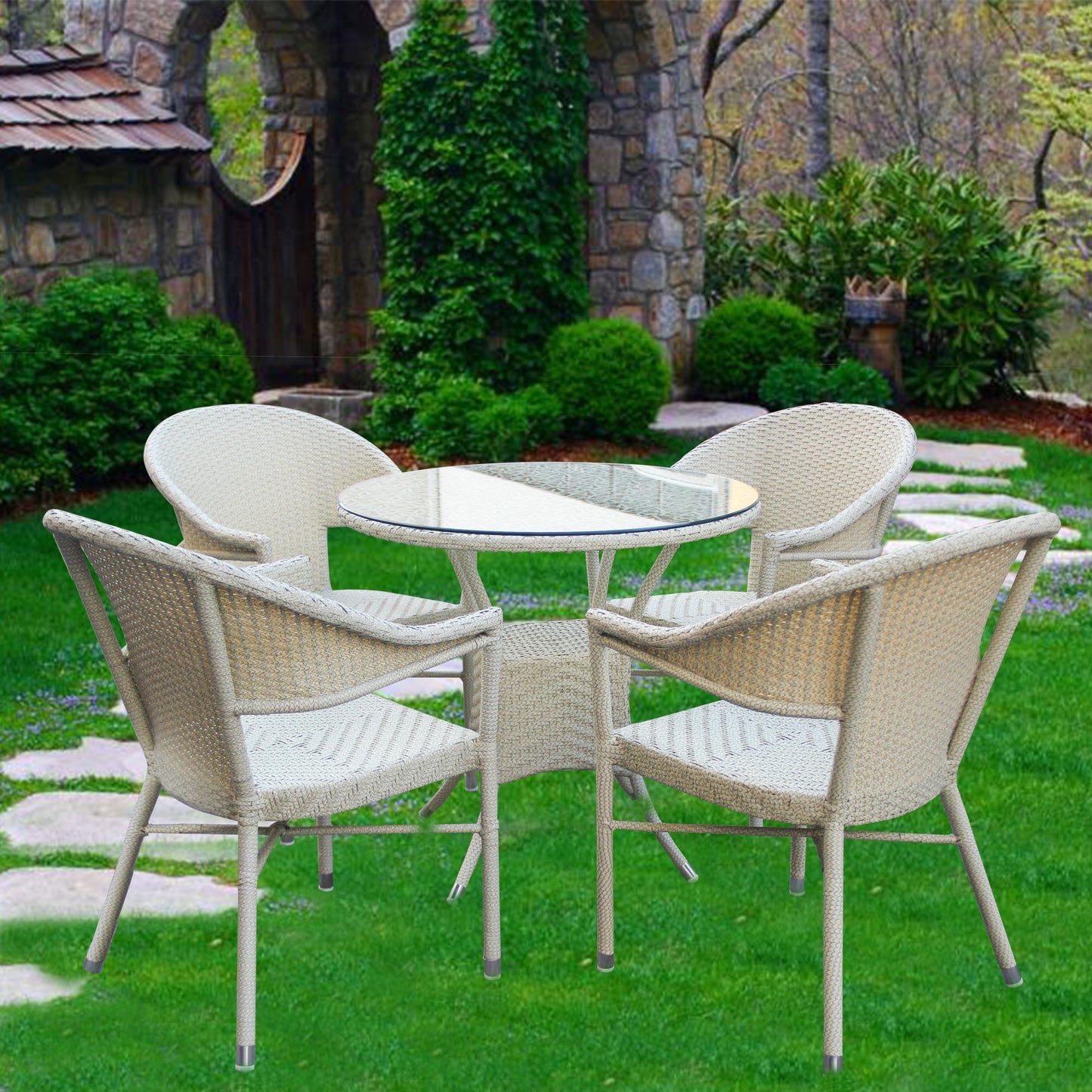 PEARL Outdoor/Coffee Set | Elegant Rattan Table with Comfortable Armchairs – 4 Seater