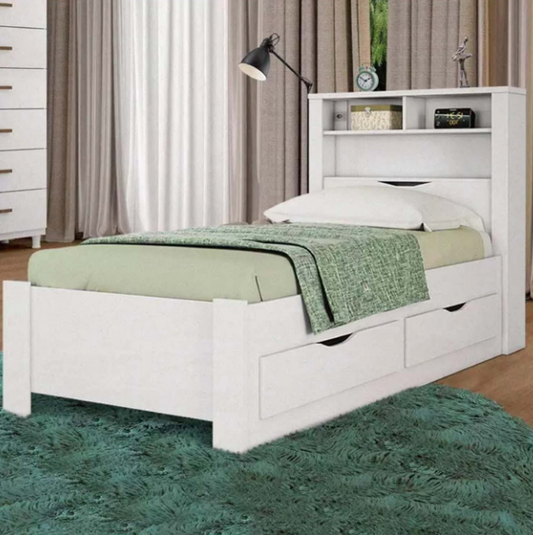 Invicta Single Bed Frame | White Bed with Drawer – Perfect for Compact Spaces (36”x75” Mattress)