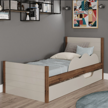 Aya Single Bed Frame with Pullout | Nature/Creme Finish – 36”x75” Size