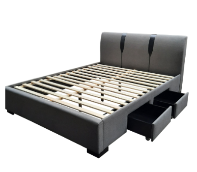 Aiza Bed | Fabric & PU Leather Upholstered Queen Frame 60"x75" with 2 Side Drawers in Grey & Black