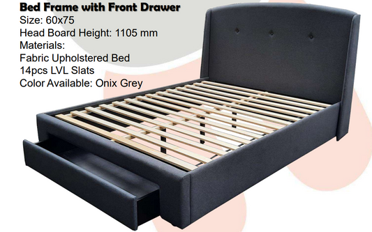 Nellie Bed | Fabric Upholstered Queen Frame 60"x75" with Front Drawer in Onix Grey