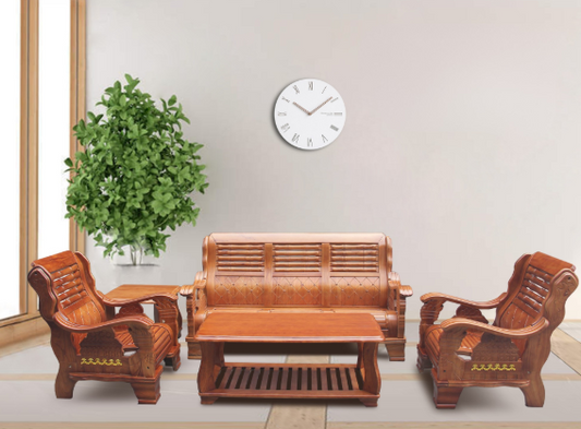 Alodia Wooden Sala Set | Solid Asian Oak Wood Living Room Set in Walnut Finish (3-1-1 with Center & Side Table)