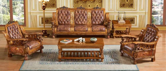 Avia Sala Set | Solid Asian Oak Wood Living Room Set in Walnut Finish (3-1-1 with Center & Side Table)