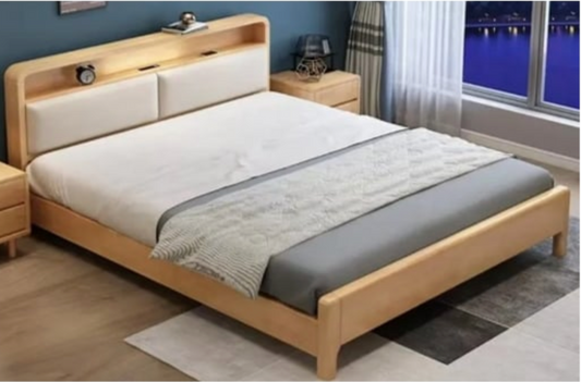 RAIN Scandinavian Bed | Solid Wood Frame with Headboard Shelf & Cushioned Backrest