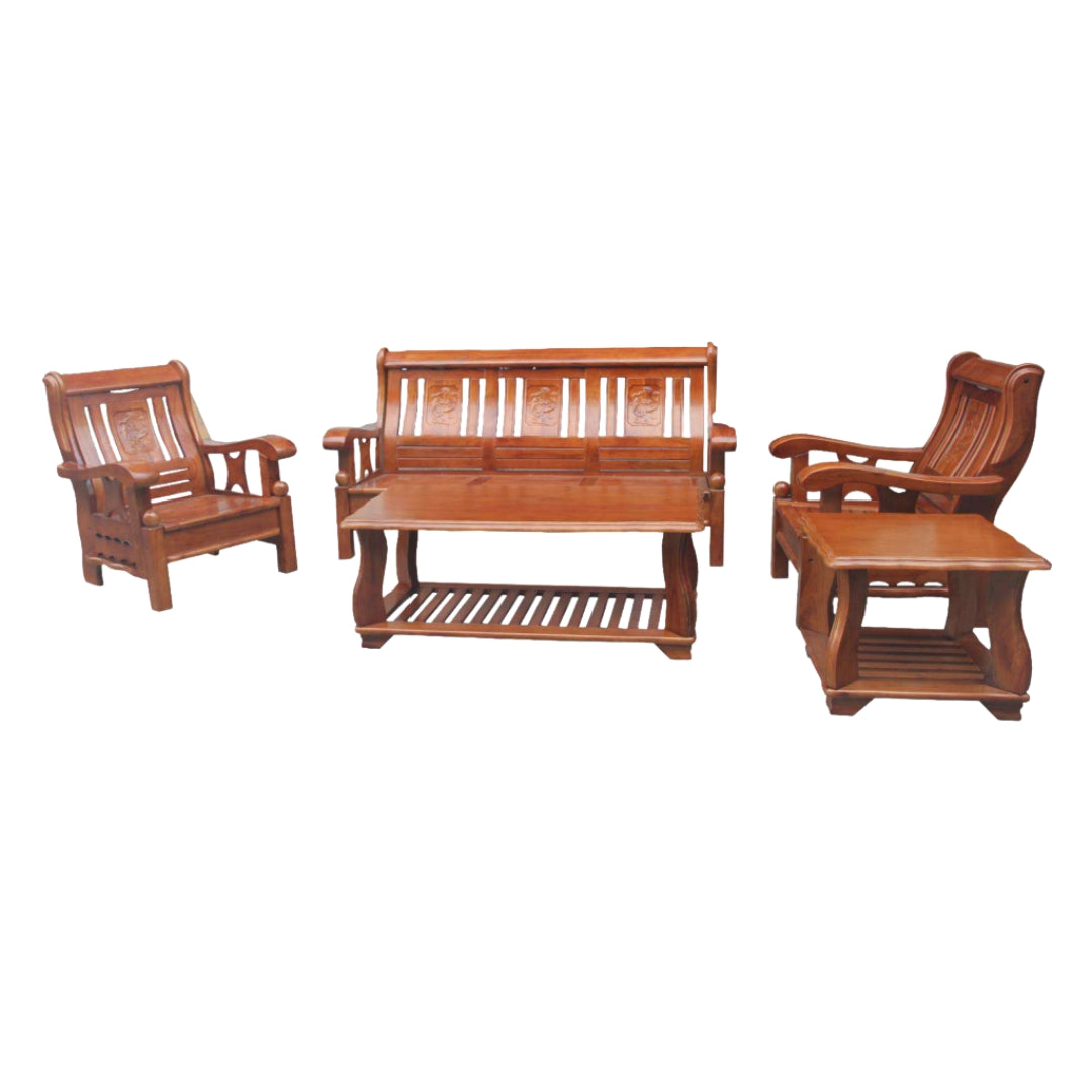 Armie Sala Set | Solid Asian Oak Wood Living Room Set in Walnut Finish (3-1-1 with Center & Side Table)