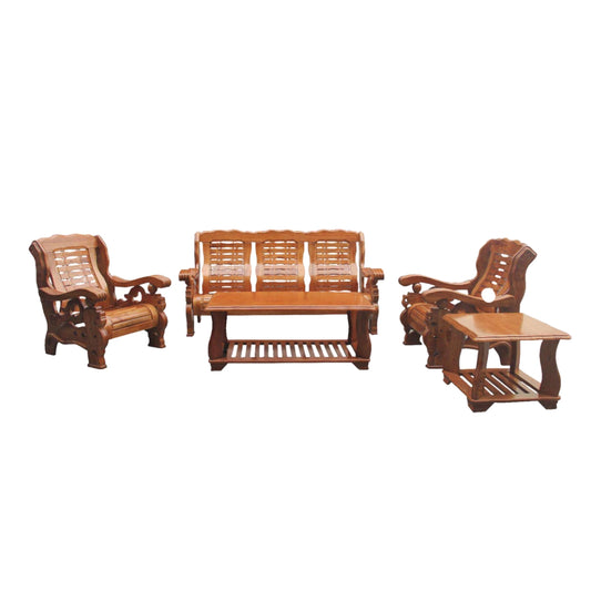 Sharon Sala Set | Solid Asian Oak Wood Living Room Set in Light Walnut Finish (3-1-1 with Center & Side Table)