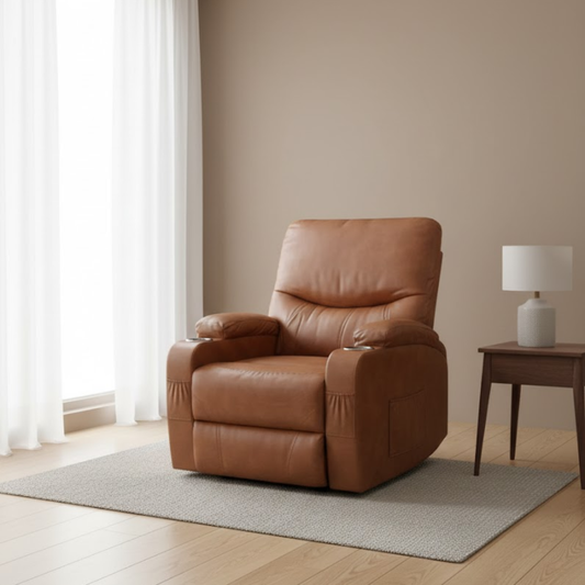 ELISE Recliner Chair | Air Leather Manual Recliner with Cup Holders and Side Pockets