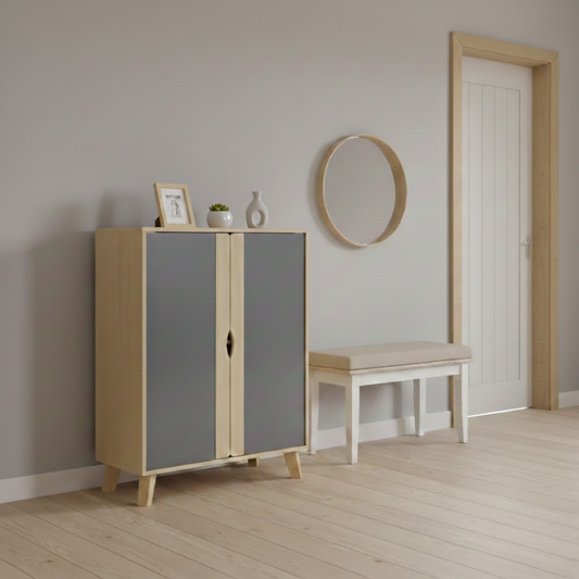 Rhea Shoe Cabinet – Compact Vertical Shoe Storage with Natural + Gray Finish