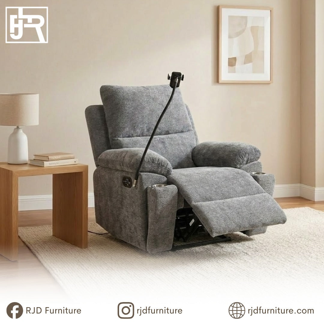 Hugo Recliner Chair | Fabric Swivel Recliner with Cup Holders and Phone Holder
