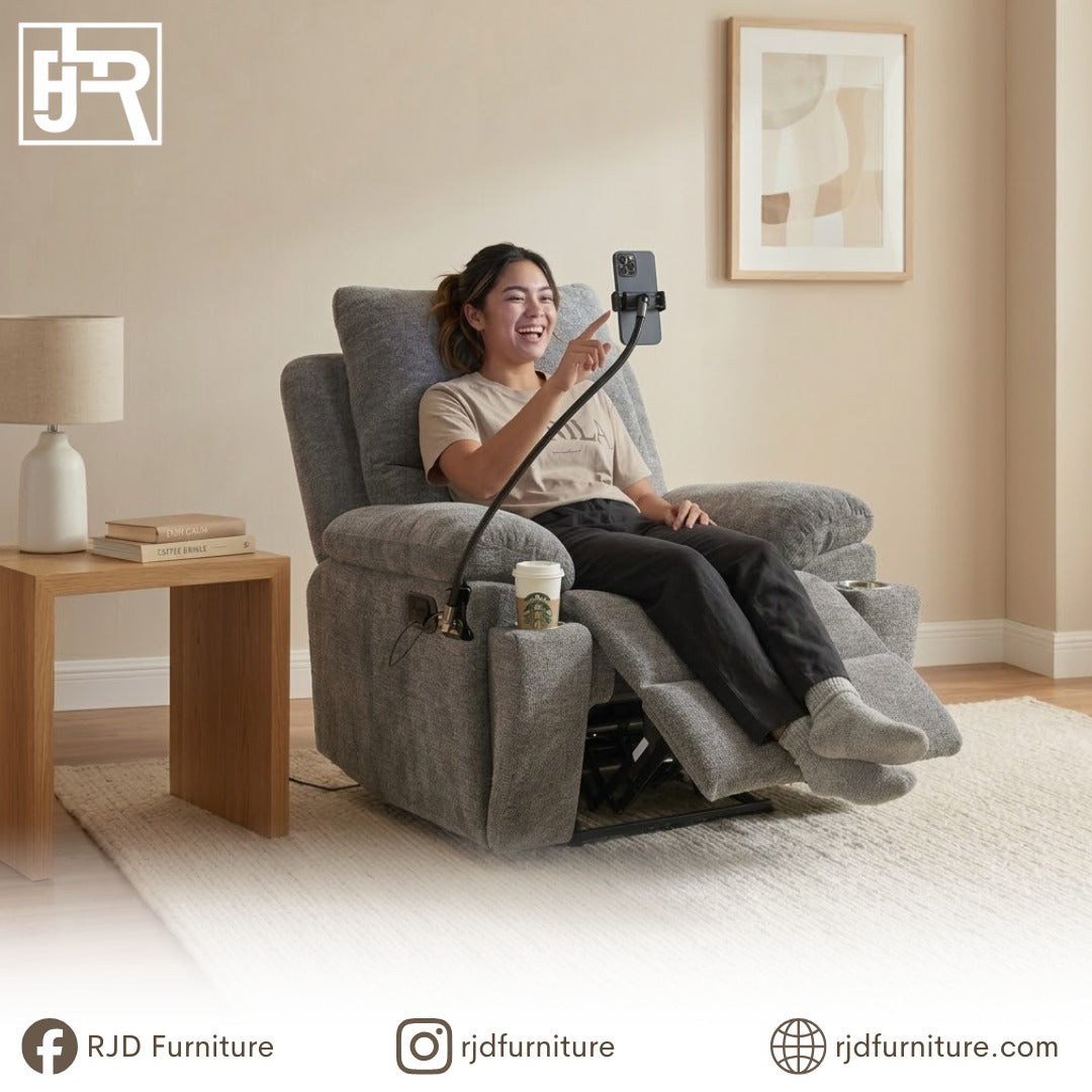 Hugo Recliner Chair | Fabric Swivel Recliner with Cup Holders and Phone Holder